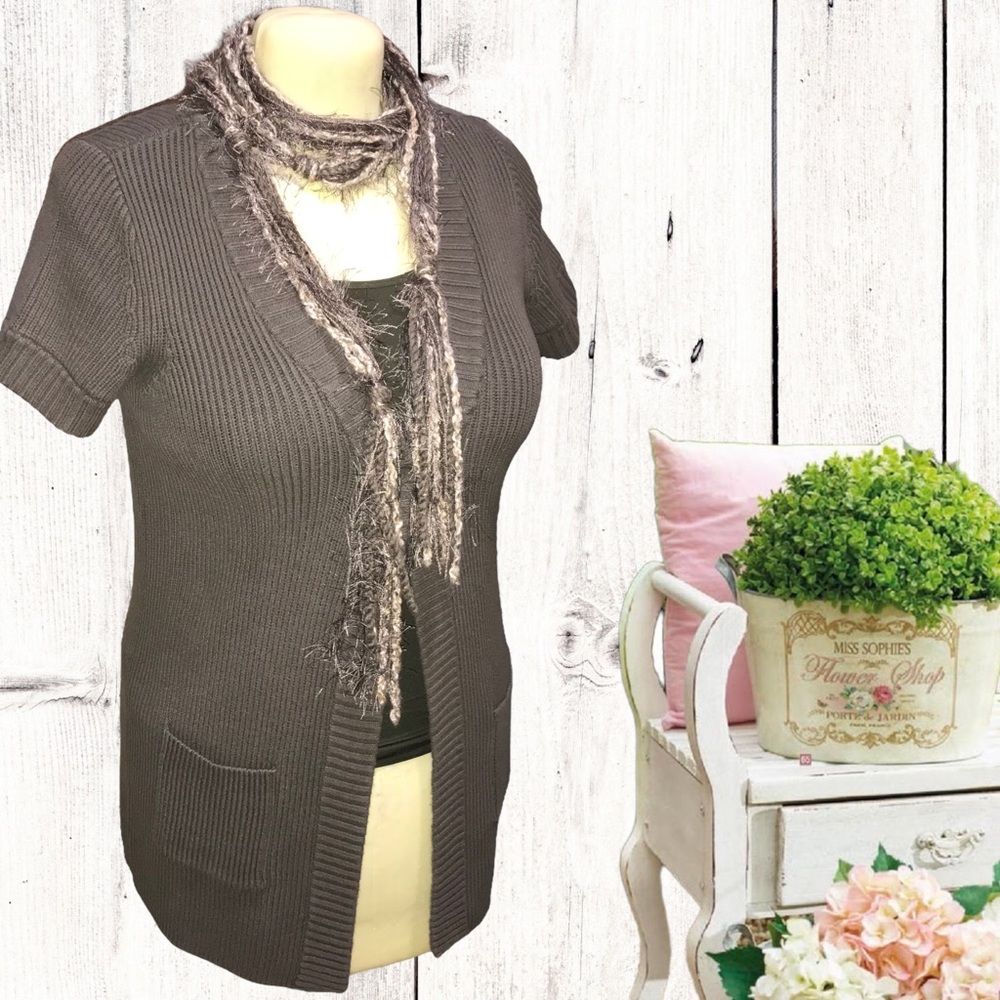 ANN TAYLOR Mid-Length Ribbed Knit Open Front Short Sleeve Cardigan - Picture 4 of 11